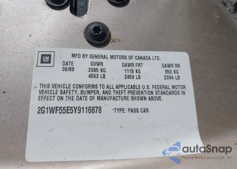 2000 Chevrolet Impala z USA, uszkodzony, nr VIN 2G1WF55E5Y9116878